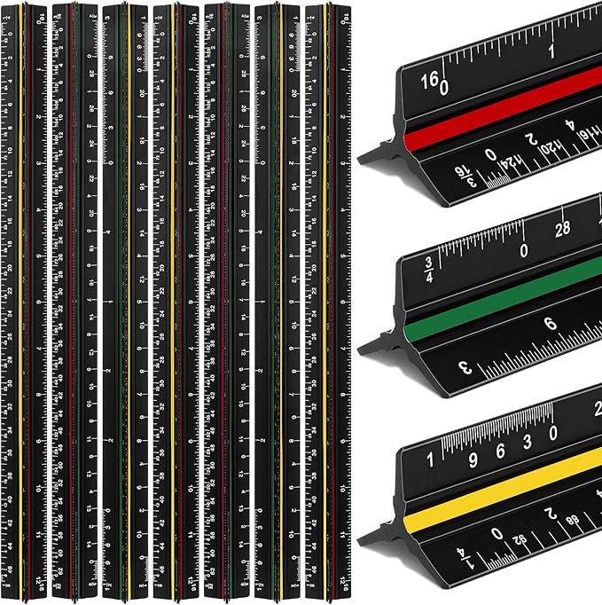 Macarrie 10 Pcs Architectural Scale Ruler 12" Architect Engineers Scale Triangular Ruler Set Aluminum Metal Rulers with Imperial Measurements for Architect Student Draftsman Engineer (3 Colors)