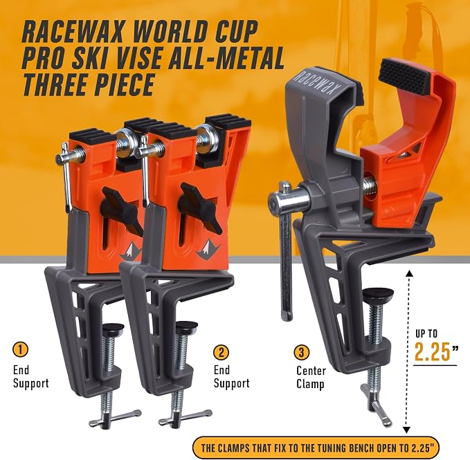 RaceWax Ski Vise Set - Three Piece, All-Metal, World Cup Pro Ski Vise Kit for Tuning, Edging, and Waxing - Heavy Duty, Adjustable Design with Non-Slip Clamp Pads for Secure Grip (PB-4100)