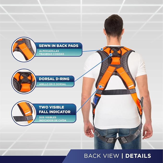 Full Body Harness with 5 Point Adjustment, Dorsal D-ring, Grommet Legs, Two Side D Rings, and Fall Indicators