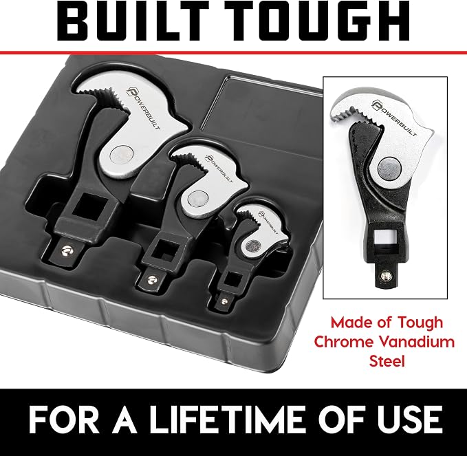 Powerbuilt 3 Piece Spring-Loaded Crowfoot Wrench Set, Adjustable, Auto Size, Universal Wrench, Self-Adjusting, Power Grip, Storage Tray - 642963