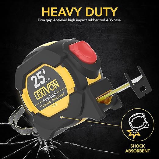 LEXIVON 25Ft/7.5m AutoLock Tape Measure | 1-Inch Wide Blade with Nylon Coating, Matte Finish White & Yellow Dual Sided Rule Print | Ft/Inch/Fractions/Metric (LX-205)