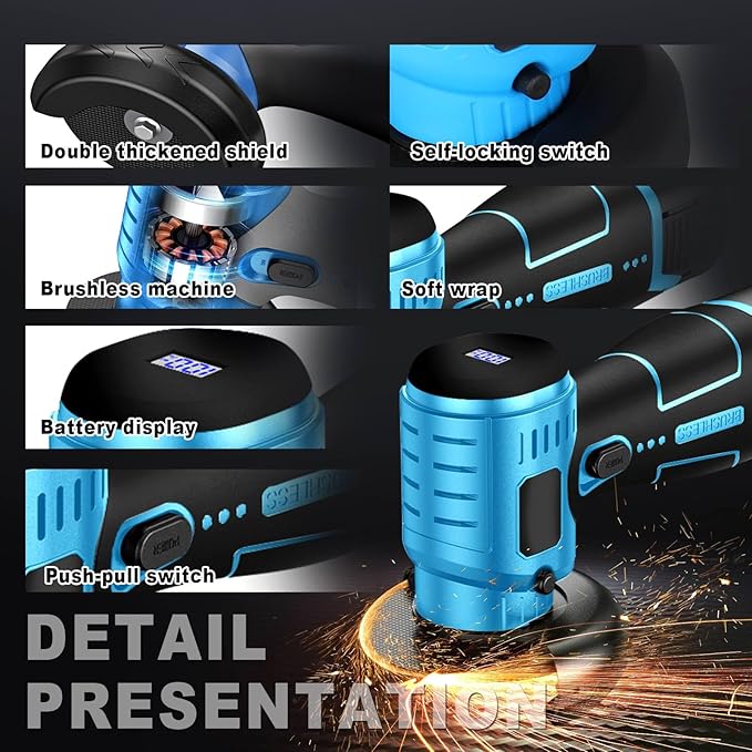 ZFULVO Brushless Cordless Angle Grinder Kit, 19500rpm Mini Electric Angle Grinding Tool with 2x16.8V 2000mAh Battery and 6-Cutting Discs, Grinder Handheld Cutter for Metal Wood