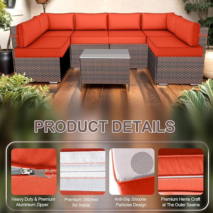 14 Piece Outdoor Furniture Replacement Cushions, Cover+Filling, 25.6" x 25.6" x 4" Foam Waterproof Outdoor Sofa Cushion Sets, Fit Wicker Rattan Sectional Conversation Set, Orange