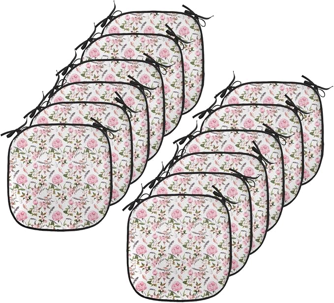 Lunarable Flower Chair Cushion Pads Set 12, Apple and Cherry Flowers Blossoms Feathers Shabby Classical Botanic Retro, Anti-Slip Seat Padding for Kitchen & Patio, 16"x16", Pale Pink Green Grey