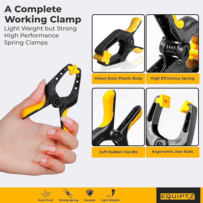 EQUIPTZ Spring Clamps 4 inch - 10 Pack Plastic Clamps for Pool Cover, Balloon Archs, Tarps & Backdrop with 2 inch Mouth Opening - Rust Free Large Clips Heavy Duty Outdoor with Non-Detachable Jaw Pads
