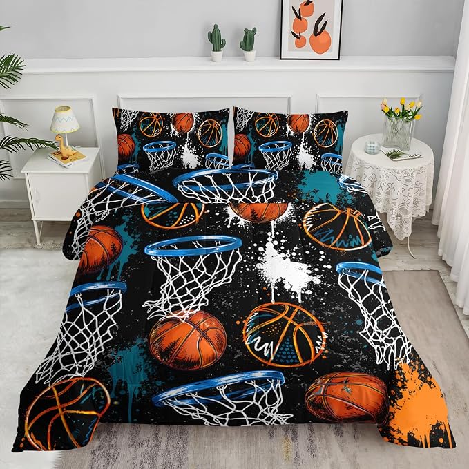 Axolotl Basketball Comforter Set King Size,Basketball Sports Comforter Set,Ball Sport Bedding,Sports Theme Bedding,Grunge Aesthetic Cool Bed for Boys Kids Men,1 Quilt 2 Pillowcases