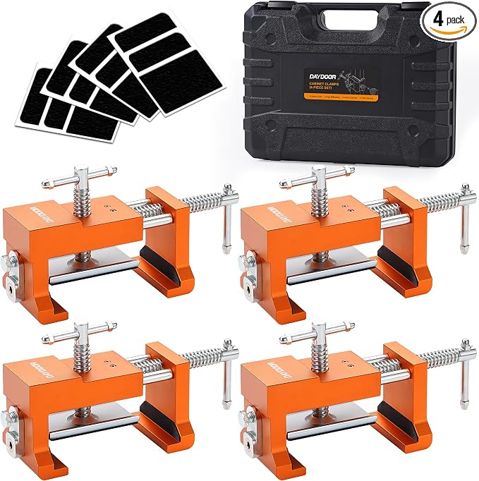 DAYDOOR Professional Cabinet Installation Clamps 4 Pack, Heavy Duty Face Frame Alignment Tool with Integrated Drill Guide & EVA Protection, Woodworking Claw Clamps, Orange