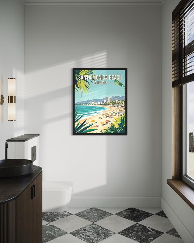 Santa Monica Beach California Wall Art Print Poster, US Vintage Retro Beach Scenery Posters Prints for Restroom Home Picture Painting Artwork Gallery 219 (Santa Monica Beach California, 16 x 20 inches, Black Frame)