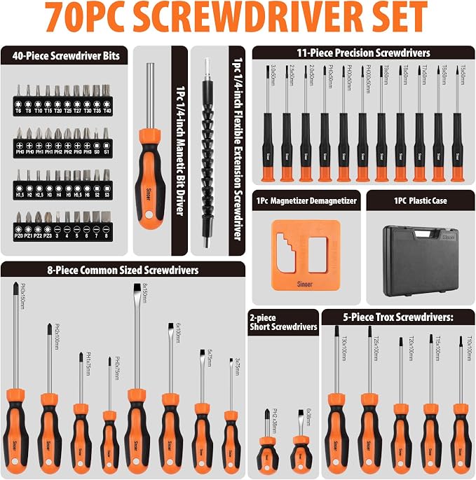 Sinoer 70-Piece Magnetic Screwdrivers Set with Case, Precision Screwdriver Kit,Includes Slotted, Phillips,Torx,Hex, Square,Pozidriv, and Precision Tools for Repair Home Improvement,DIY Craft