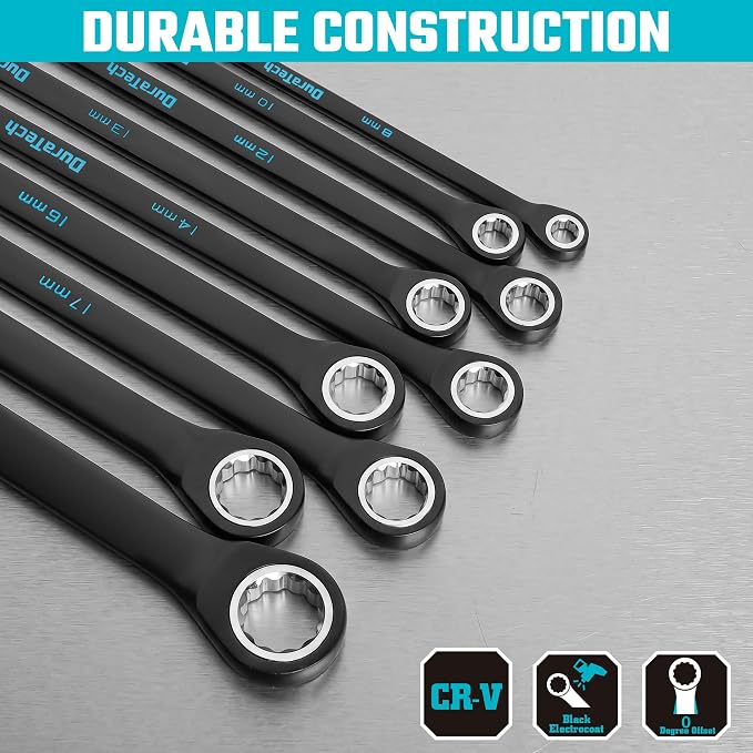DURATECH Extra Long Ratcheting Wrench Set, Double Box End, Metric, 9-Piece | 8mm-22mm, CR-V Steel, Black Electrocoat, Blue Size Markings, Corrosion Resistance, for Narrow Spaces, with EVA Foam Organizer