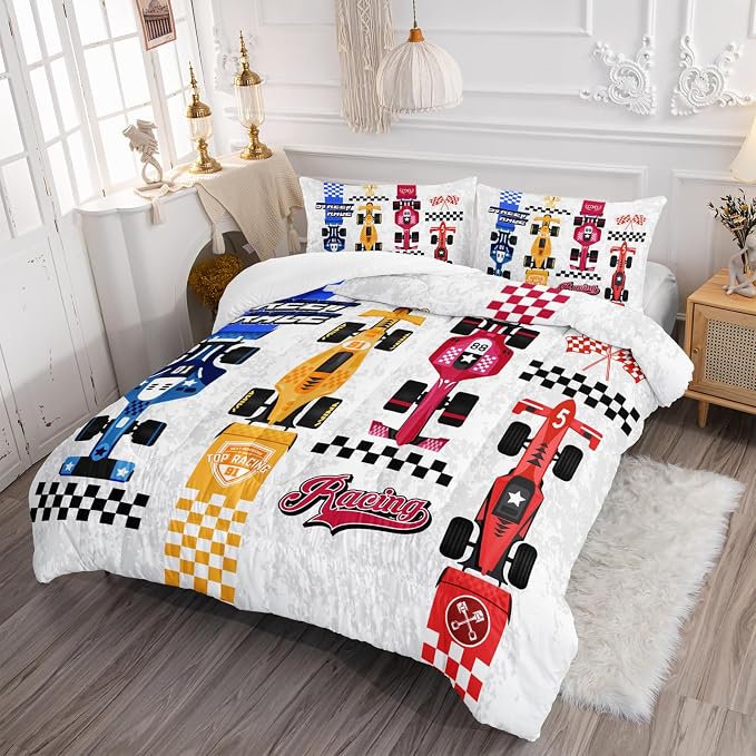 Axolotl Racing Car Comforter Set King Size,Colorful Sports Car Bedding Set for Kids Boys Teen Adult,Extreme Speed Race Bedding,Cars Theme Bedroom Decor with 1 Comforter and 2 Pillowcases