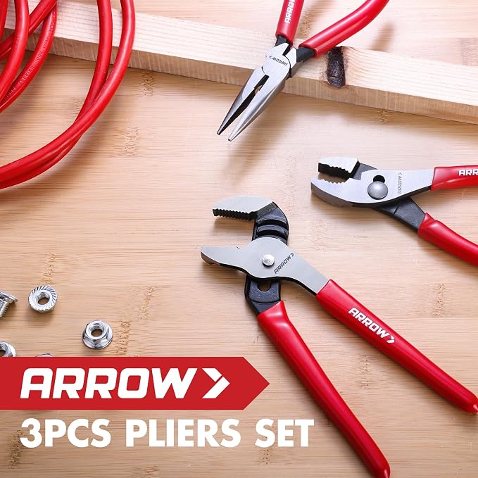 ARROW 3PCS Pliers Set, Premium Carbon Steel | 6" Needle Nose Pliers, 6" Slip Joint, 8" Groove Joint with Non-Slip Handle, for Daily Repair & Home Maintenance