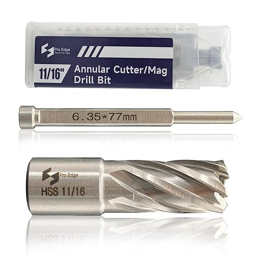 Pro Edge 1-Piece 11/16" Cutting Diameter 1" Cutting Depth Annular Cutter, M2AL HSS Mag Drill Bit with Pilot Pin 3/4" Weldon Shank, for Magnetic Drill Press Steel Plate, Aluminum, Copper