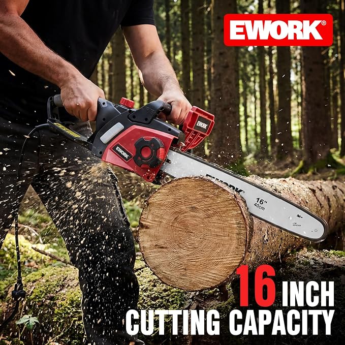 EWORK Electric Chainsaw Corded 16-Inch 15 Amp Electric Chain Saws | Corded Chainsaw with Tool-Free Chain Tension, Auto Oiling, Low Kickback, Robust Chainsaw for Tree Cutting, Pruning, Firewood