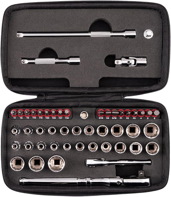 TEKTON 1/4 Inch Drive 12-Point Small Engine Socket Set, 50-Piece | SKT07907 | (5/32 - 9/16 in., 4 - 15 mm, Phillips #1 - 3, Slotted 3/16 - 5/16 in., T7 - T30), Shallow, Zipper Case, Custom Foam