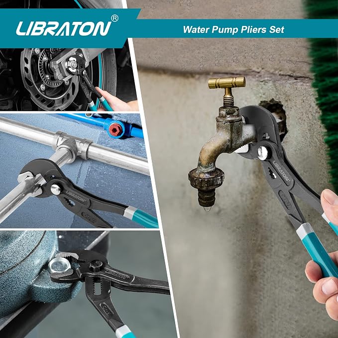 Libraton CR-V Steel Plumbing Pliers Set - Groove Joint & V-Jaw Tongue & Groove Pliers, Pipe Grips, Ratcheting Push Button Adjustment, 3PCS