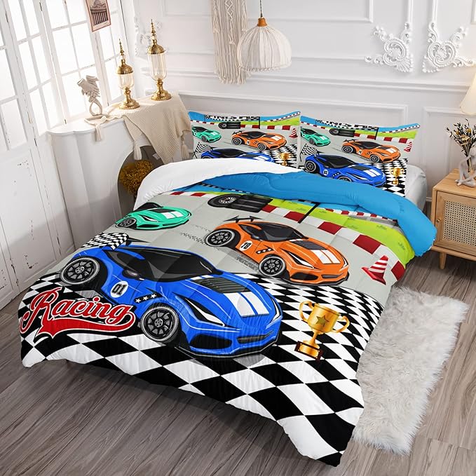 Axolotl Racing Car Bedding Set Queen,Cool Speed Race Car Down Comforter for Kids Boys Girls Teens,Racing Car Comforter Set Car Theme with Three Cars Arrive at Finish,1 Comforter and 2 Pillowcases