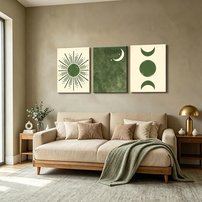 Frimeeme Boho Sun and Moon Canvas Wall Art Set of 3, Mid Century Modern Minimalist, Living Room Bedroom Decor, 12x16 Inch,Framed