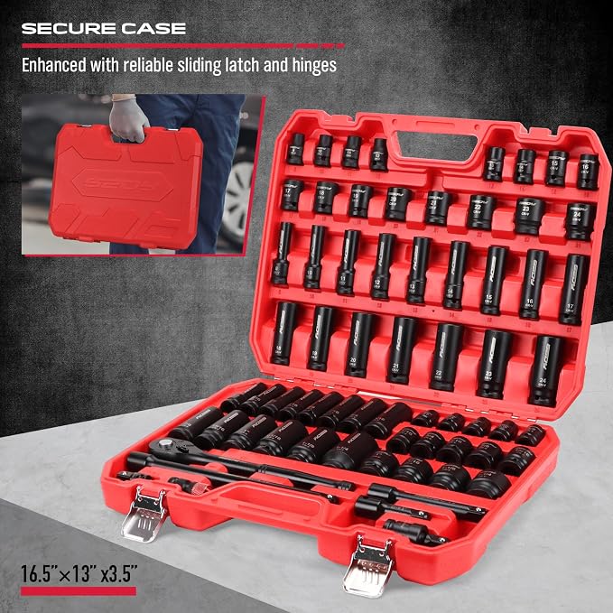 Master 1/2" Drive Impact Socket Set, 67-Piece Standard & Deep Master Impact Socket Set SAE 3/8"-1-1/4" & Metric 8-24mm Socket Set with Ratched Hand, Extension Bar, Reducer, Impact Universal Joint,Cr-V