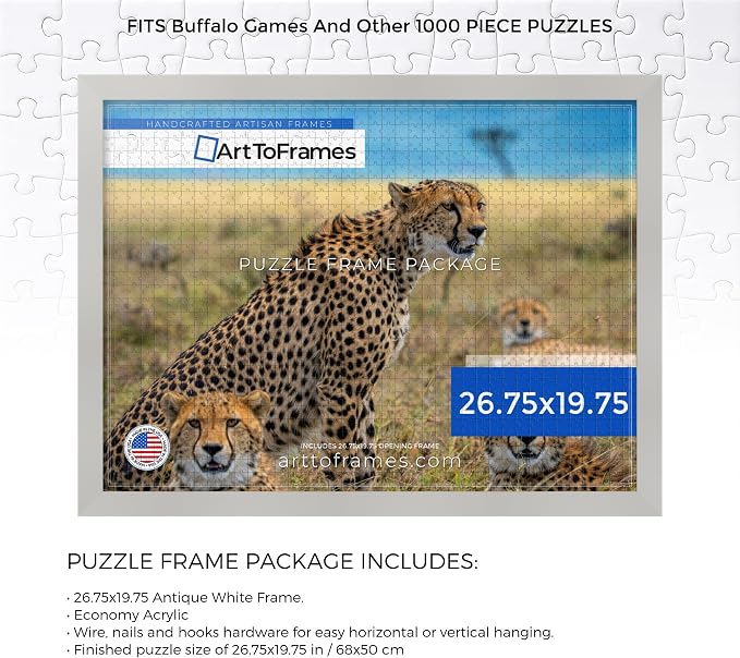 ArtToFrames Puzzle Frame for Buffalo Games 1000 Piece Jigsaw Puzzles, 26.75x19.75 Inch (68x50 cm), Antique White Engineered Wood with Economy Acrylic, Ready to Hang Puzzle Display