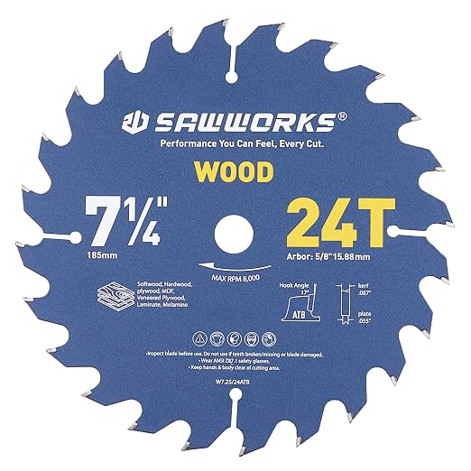 SawWorks 7-1/4" 24T Carbide Circular Saw Blade, Framing & Ripping for Construction Workers & DIY Framers, 5/8" Arbor