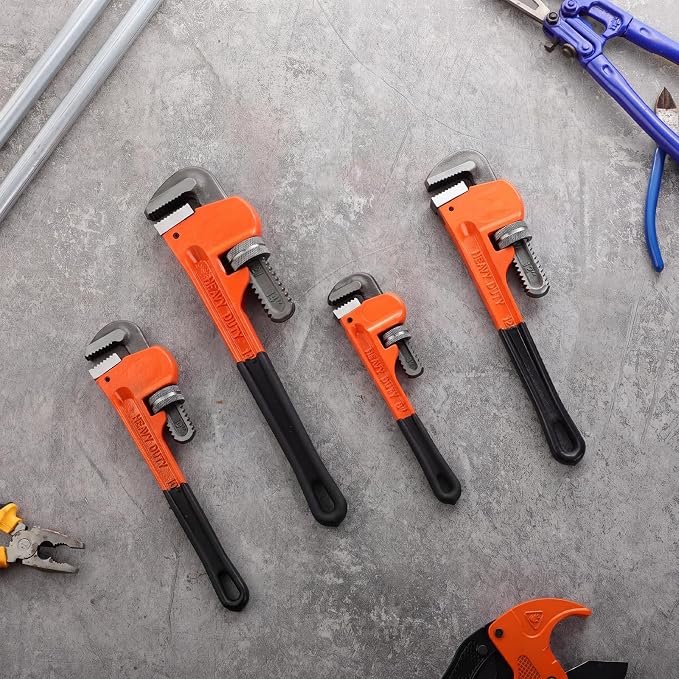 4 Piece Heavy Duty Pipe Wrench Set - 8", 10", 12", 14", Adjustable Chrome Vanadium Steel Plumbing Wrench Set with Soft Handle & Gloves for Plumbers, Pipeline, Auto Repair