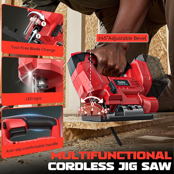 Ecarke Cordless Jig Saw Compatible With Milwaukee 18V Battery, 4 Orbital Sets, 6 Variable Speeds Control, Dust-Blowing, ±45° Bevel Cuts, LED Light & 6PCS Blades for Straight Curve Cutting, Tool Only