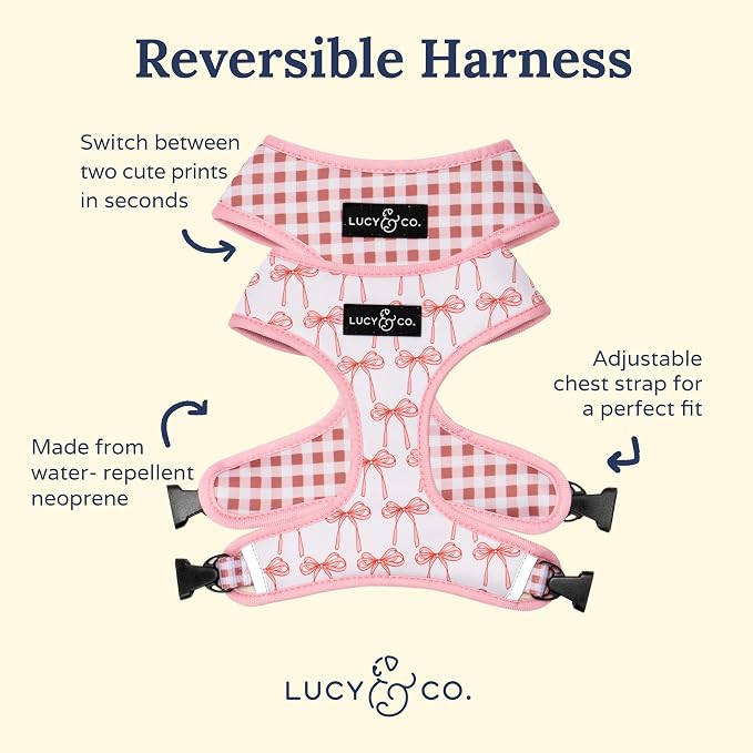 Lucy & Co. Reversible Dog Harness - Water-Repellent Neoprene, Dual-Print Design, Easy Swap Style, Adjustable Comfort Fit - Take a Bow Reversible Harness - Small