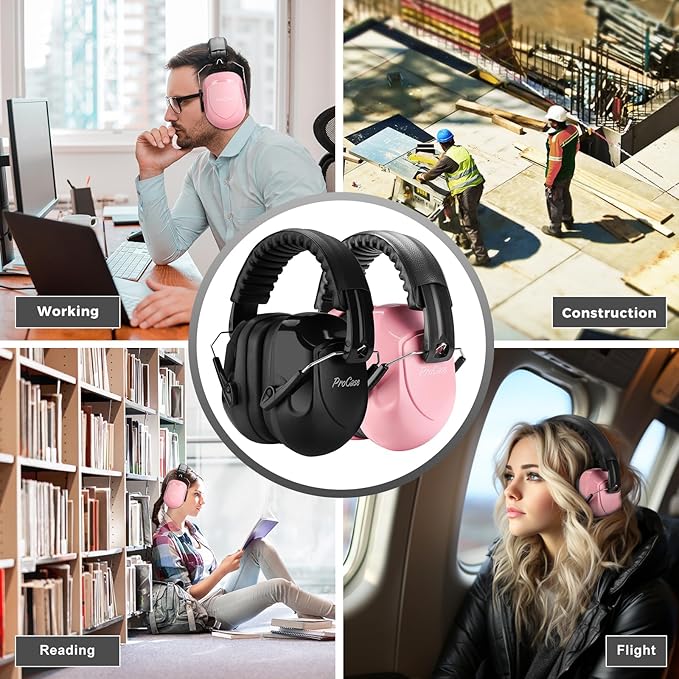 ProCase Noise Reduction Ear Muffs, Sound Proof Ear Protection, NRR 28dB Noise Cancelling Headphones for Adults Kids Autism, Hearing Protection for Mowing -2 Packs, Pink & Black