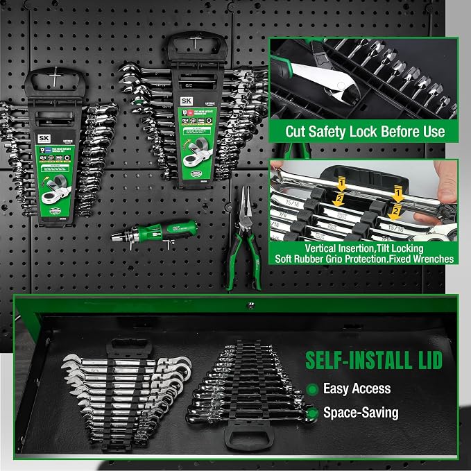 SK Flex Head Ratcheting Wrench Set, SAE 1/4'' to 1'', Metric 8 to 19mm | Ratchet Wrenches Set, Combination Wrench Set 25-Piece, 72-Tooth, Chamfered Head Design, Premium CR-V Steel, Rack Organizer