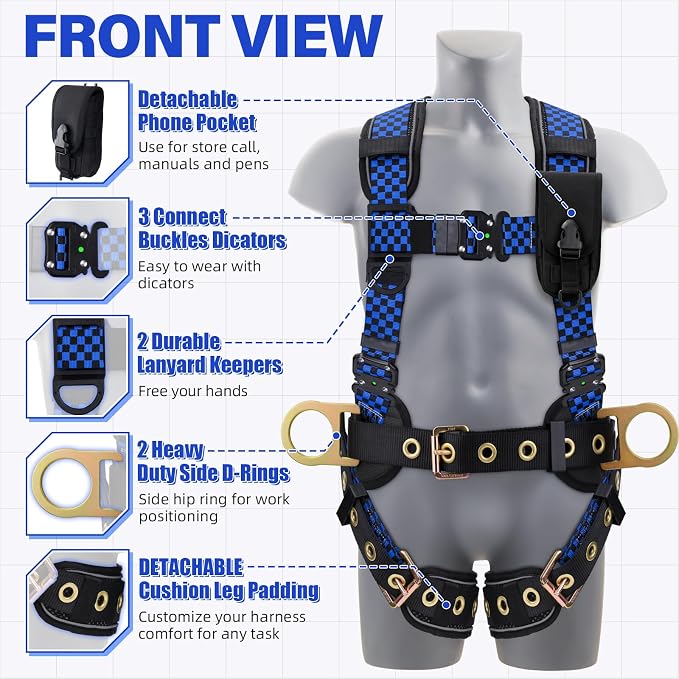Trsmima Safety Harness Fall Protection - Full Body Harness Men Construction | Men Quick Adjust Buckles and Datachable Pad Tool Bag for Roofing Construction Workers