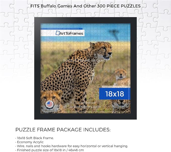 ArtToFrames Puzzle Frame for Buffalo Games 300 Piece Jigsaw Puzzles, 18x18 Inch (46x46 cm), Soft Black Engineered Wood with Economy Acrylic, Ready to Hang Puzzle Display