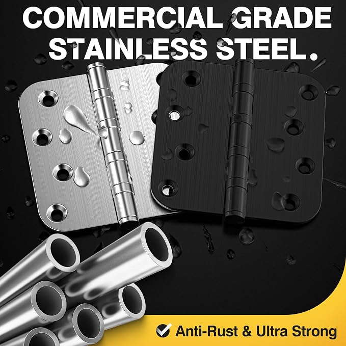 KOLET Ball Bearing Door Hinges, 4 x 4 Inches Door Hinges, Heavy Duty Stainless Steel Hinges, 5/8'' Radius Corner, Smooth and Quiet, Non Removable Pin, Brushed Nickel, 3 Pack