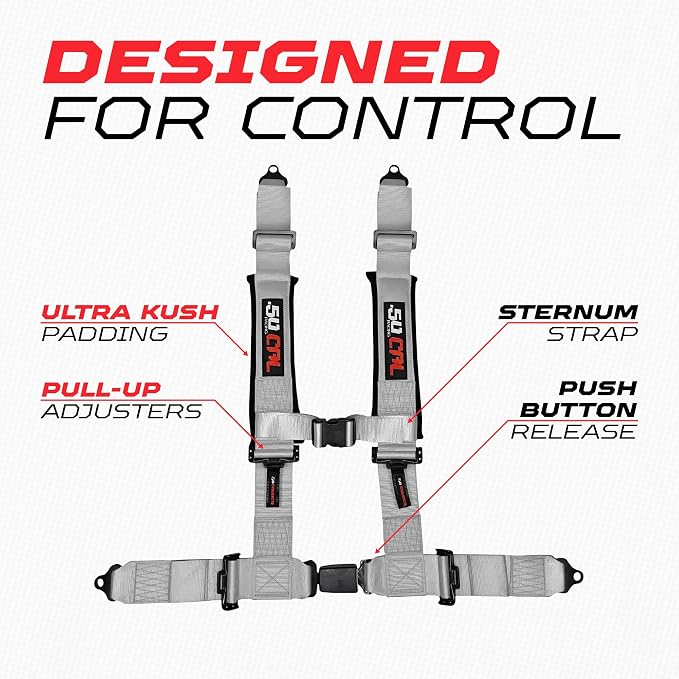 1pc 50 Cal Silver 4 Point Harness 3in Straps, Racing Harness Seat Belt | Ultra Kush padding, Push Button quick release hardware. Universal Fit for UTV, RZR, race car.