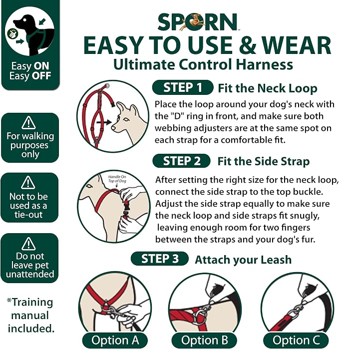 SPORN Ultimate Control No Pull Dog Harness for Medium-Sized Dogs - 4-in-1 Adjustable Dog Harness with Front, Back & Dual-Clip Options & Emergency Grab Handle - Easy On/Off, Padded Comfort (Black, M)