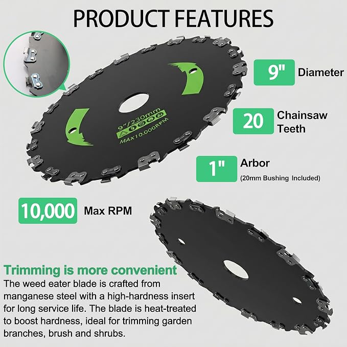 Brush Cutter Trimmer Conversion Kit with 9" x20T Carbon Steel Chainsaw Brush Cutter Blades, Includes, Files, Gloves, Compatible with Echo Models SRM-225, SRM-225i, SRM-266, SRM-280