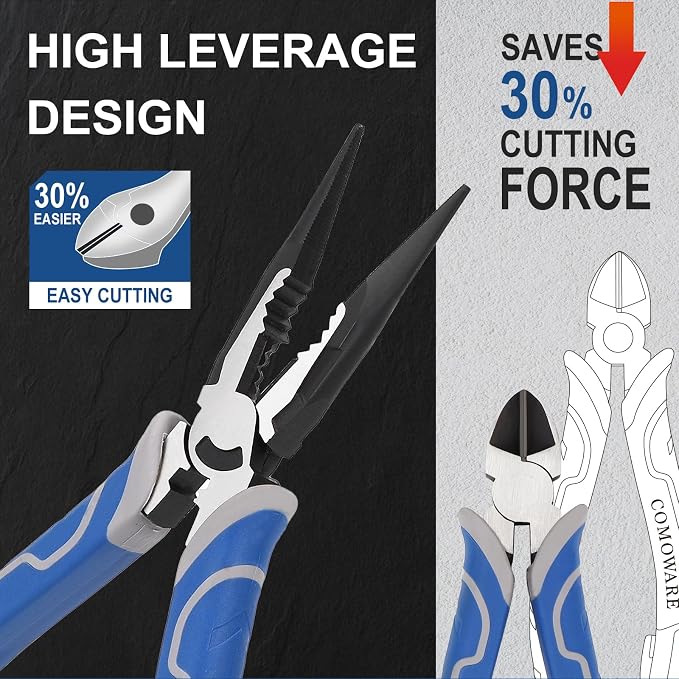 COMOWARE 8Pcs Pliers Set, 12", 10", 8" Groove Joint Pliers, 8" Adjustable Wrench, 8" Linesman, 6" Long Needle Nose, 6" Slip Joint, 6" Diagonal, Roll-Up Pouch Organizer, Rust-proof Black Oxide Coating