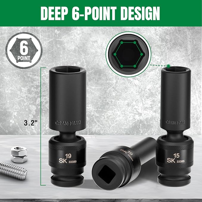 SK 3/8" Drive Universal Impact Socket Set, Deep Swivel Impact sockets | Metric 10-Piece, 10, 11, 12, 13, 14, 15, 16, 17, 18 and 19 mm, Premium CR-MO Steel, SureGrip 6 Point, With Storage Rail