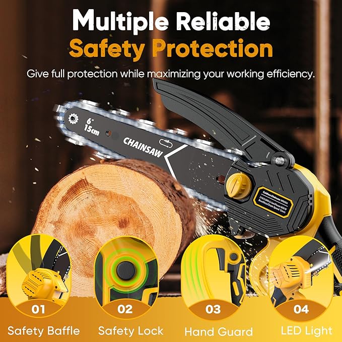 Mini Chainsaw- 6 Inch Electric Mini Chain Saw Cordless Battery Powered One-Hand Tree Trimming Saw with 2 Batteries, Portable Gardening Gadgets for Men, Unique Birthday Gifts (Yellow)