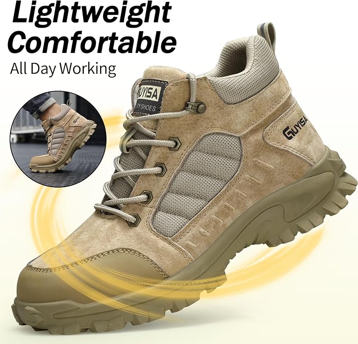 GUSAYEX Steel Toe Boots for Men Puncture Resistant Safety Work Boots with Kevlar Midsole Industrial Lightweight Men's Work & Utility Protective Shoes for Construction Warehouse Factory