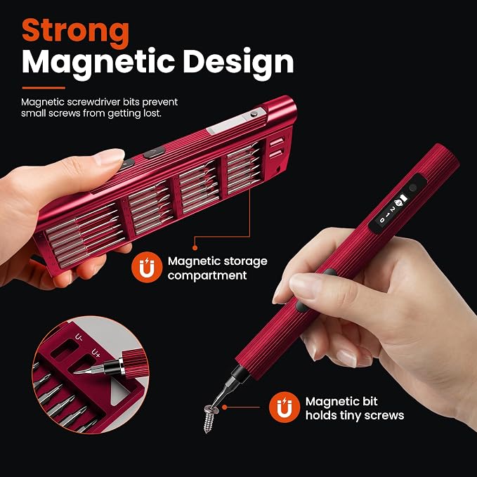 Mini Electric Screwdriver Kit, Electric Screwdriver Cordless, 48 Magnetic Bits, 3 Torque Settings, 52 in 1 Electric Screwdriver Set for Electronics, Camera, rc Cars Repair (Red)