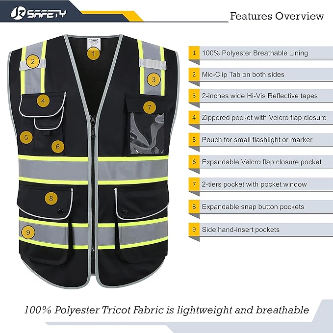 JKSafety 9 Pockets Hi-Vis Black Color Zipper Front Safety Vest Fluorescent Yellow Strips outlining the Reflective Tapes ANSI/ISEA Class 1 (901-Black, X-Large)