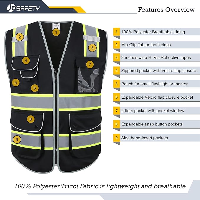 JKSafety 9 Pockets Hi-Vis Black Color Zipper Front Safety Vest Fluorescent Yellow Strips outlining the Reflective Tapes ANSI/ISEA Class 1 (901-Black, 3X-Large)
