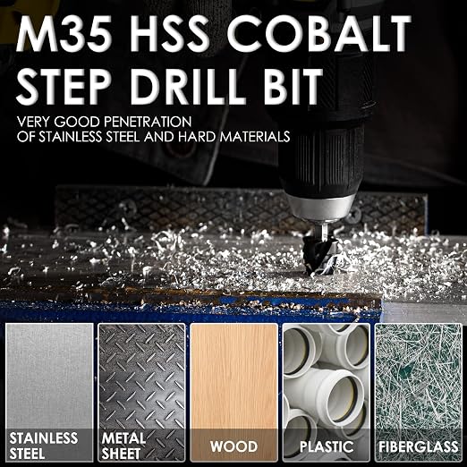 Matework M35 Cobalt Step Drill Bit Set, Four Spiral Flute Unibit Step Drill Bits (1/8"-7/8") Wear-Resistant TiAlN Coated, 1/4" Hex Shank for Metal, Carbon Steel, Stainless Steel, Wood, Plastic (3Pcs)