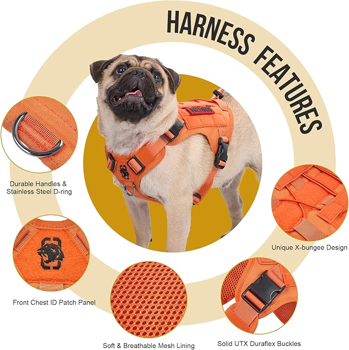 OneTigris Tactical Dog Harness Vest No-Pull Service Dog Vest for Small Dogs | 1000D Pullable Nylon, with Control Handle and Hook & Loop Panels, Easy On & Off, Adjustable for Walking Training Orange XXS