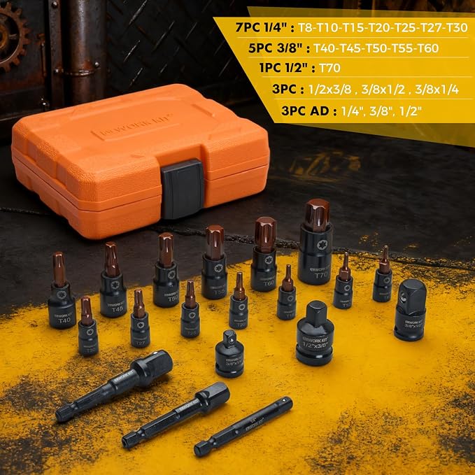 19-Piece Torx Bit Socket Set T8-T70, 1/4", 3/8" And 1/2" Drive, S2 Steel 6 Point Star Bits, CR-V Sockets and 3 Adapter Storage Case for Hand Use Work on Cars, Trucks