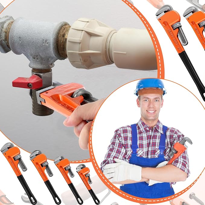 6 Piece Heavy Duty Pipe Wrench Set - 8", 10", 12", 14", 18", 24", Adjustable Chrome Vanadium Steel Plumbing Wrench Set with Soft Handle & Gloves for Plumbers, Pipeline, Auto Repair(Orange)