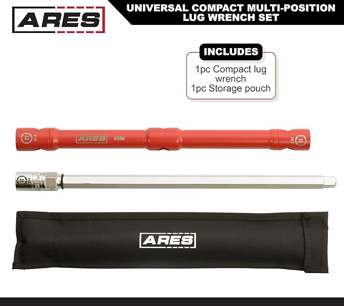 ARES 57000 Universal Lug Wrench Set, 17/19/21mm Sockets, 26-In | 26-Inch length; unique 1/2-Inch drive socket adapter end; compact design with storage pouch.