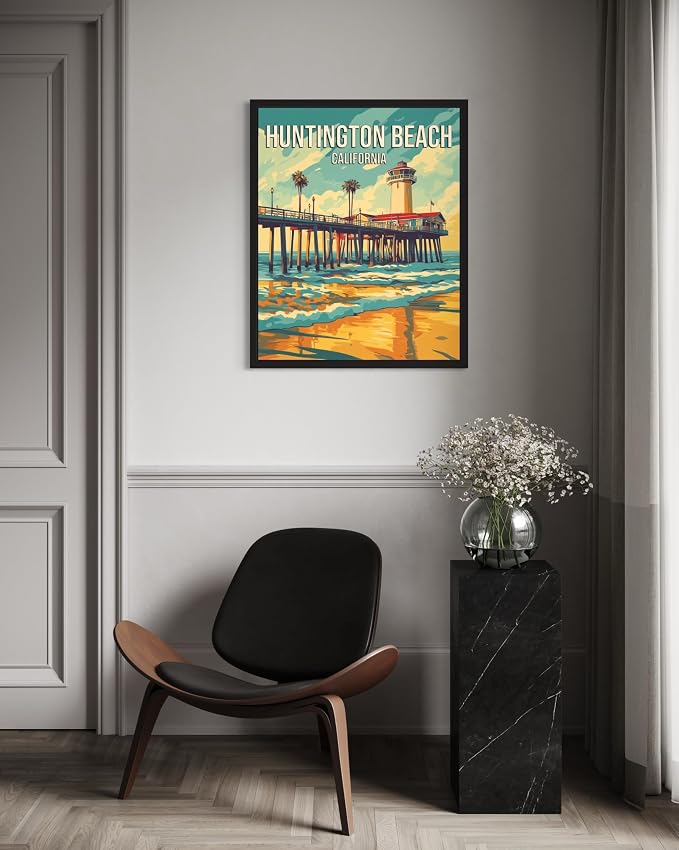 Huntington Beach California Black Framed Wall Art Print Poster, US Vintage Retro Beach Scenery Posters Prints for Restroom Home Picture Painting Artwork Gallery 219 (Huntington Beach California, 24"L x 18"W, Black Frame)