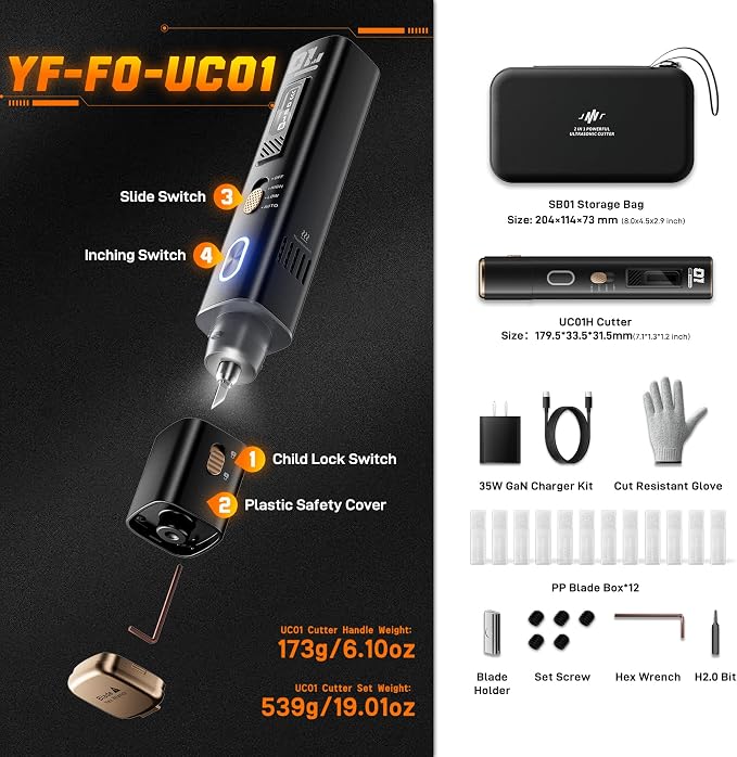 JAKEMY Corded Ultrasonic Cutter, True 35W & 40kHz Vibration, 4 Cutting Modes/5 Types Blade, 2 In 1 Handheld Cutting Knife Tool For Plastic Cutting/Precision Grinding/Modelmaking/Woodcarving/Craft DIY